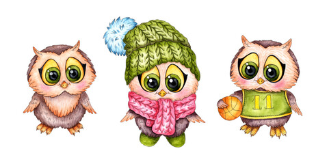 Set of little watercolor owlets. Owl in a cap and scarf, owl basketball player. Back to school. Ideal for t-shirts, cards, prints. Isolated on white background. Drawn by hand.