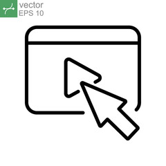 Click, cursor, film, watch video icon. Play button with arrow cursor for movie or cinema clip. Digital record media of online multimedia. Line vector illustration Design on white background EPS10