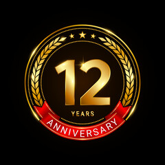 12 years anniversary, golden anniversary celebration logotype with red ribbon isolated on black background, vector illustration