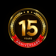 Fototapeta premium 15 years anniversary, golden anniversary celebration logotype with red ribbon isolated on black background, vector illustration
