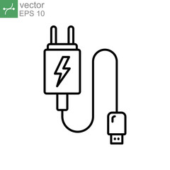 usb mobile charger icon line style. Electric cable power supply for phone cell. Adapter plug, electricity connector for recharge battery. Vector illustration. Design on white background. EPS 10