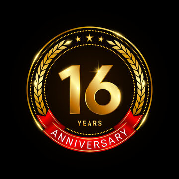 16 years anniversary, golden anniversary celebration logotype with red ribbon isolated on black background, vector illustration