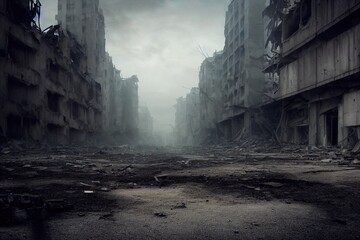 Fototapeta A post-apocalyptic ruined city. Destroyed buildings, burnt-out vehicles and ruined roads. 3D rendering obraz