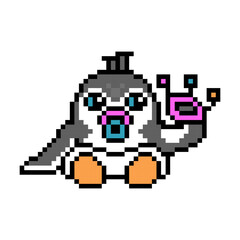 Fototapeta premium Little baby penguin in diaper with a rattle and pacifier, cute pixel art character isolated on white background. Old school retro 80s, 90s 8 bit slot machine, video game graphics. Child animal mascot.