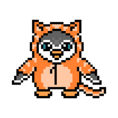 Fototapeta premium Penguin in a cat kigurumi costume, cute pixel art animal character isolated on white background. Old school retro 80s, 90s 8 bit slot machine, computer, video game graphics. Cartoon kid party mascot.