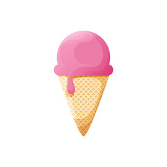 Różowe lody w wafelku. Roztapiający się słodki deser. Lód w rożku, jedna kulka - smak truskawkowy. - obrazy, fototapety, plakaty