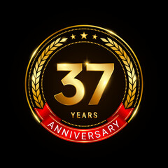 37 years anniversary, golden anniversary celebration logotype with red ribbon isolated on black background, vector illustration