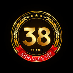 38 years anniversary, golden anniversary celebration logotype with red ribbon isolated on black background, vector illustration