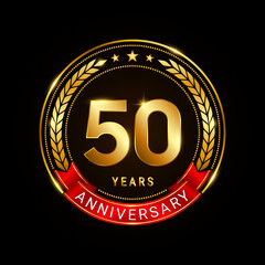 Fototapeta premium 50 years anniversary, golden anniversary celebration logotype with red ribbon isolated on black background, vector illustration