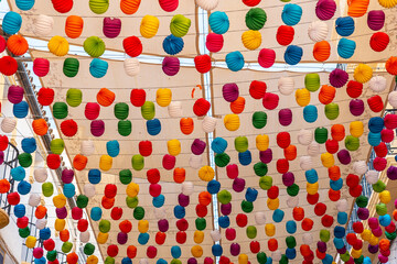 Decorated and streets covered by the heat in the historic center of Ronda, Malaga