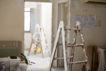 Interior on a construction site indoors a building during renovation work. Close-up image..