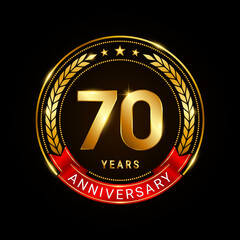 70 years anniversary, golden anniversary celebration logotype with red ribbon isolated on black background, vector illustration