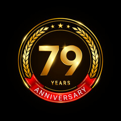 79 years anniversary, golden anniversary celebration logotype with red ribbon isolated on black background, vector illustration