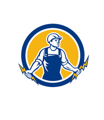 Electrician Holding Two Lightning Bolts Side Retro