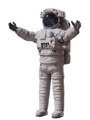 astronaut standing, person in spacesuit is ready for a hug, isolated  © dottedyeti