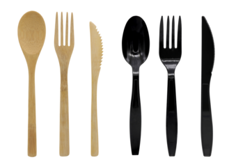 Cutlery of wood and plastic and knife, disposable fork, spoon and knife. Isolated on white background.
