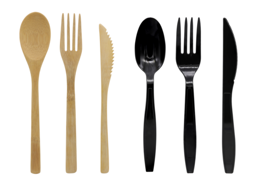 Cutlery of wood and plastic and knife, disposable fork, spoon and knife. Isolated on white background.