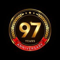 97 years anniversary, golden anniversary celebration logotype with red ribbon isolated on black background, vector illustration