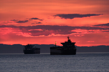 Oil Tankers in English Bay BC in sunset