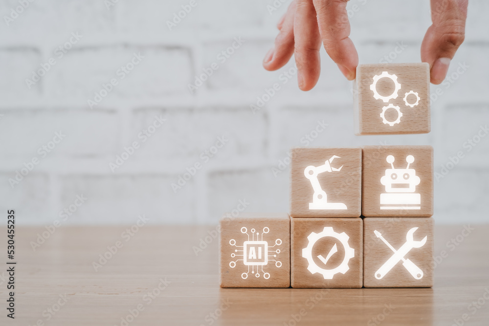 Poster automation business technology concept, cubes wooden block with vr screen automation icon on desk, s