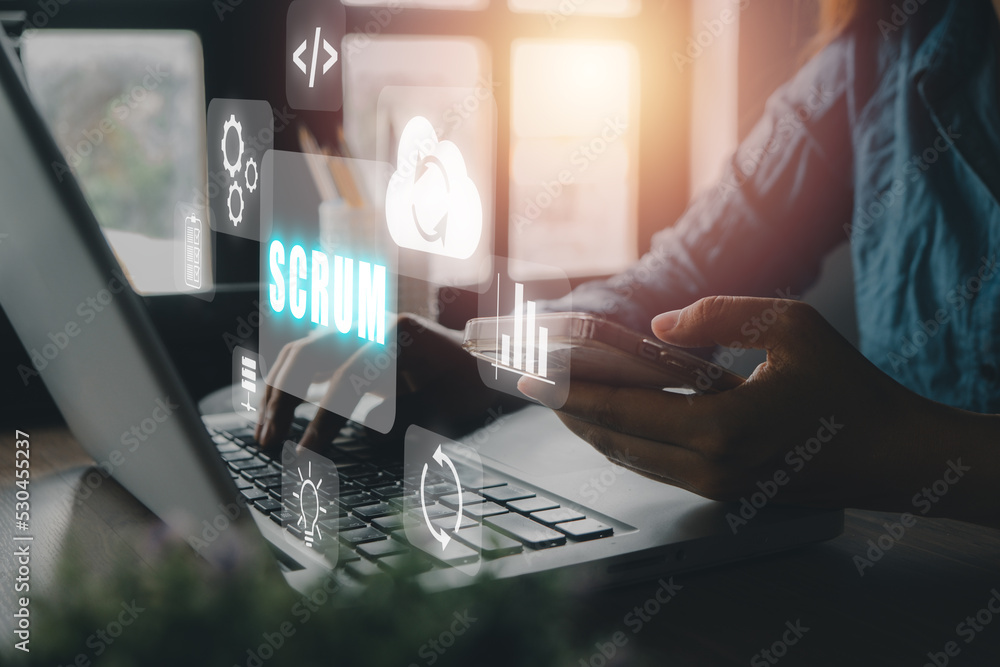 Poster scrum, woman hand using smartphone and laptop computer with scrum icon on vr screen, agile developme