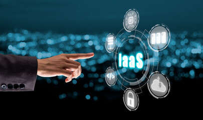 IaaS - Infrastructure as a service, Businesswoman hand touching Infrastructure as a Service icon on...