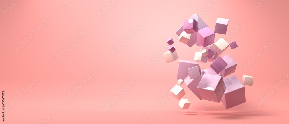 Poster 3d render design of different size of cubes