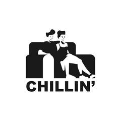 Man and woman relaxing on a sofa logo. Dating icon, sign or symbol. Simple vector black and white illustration.