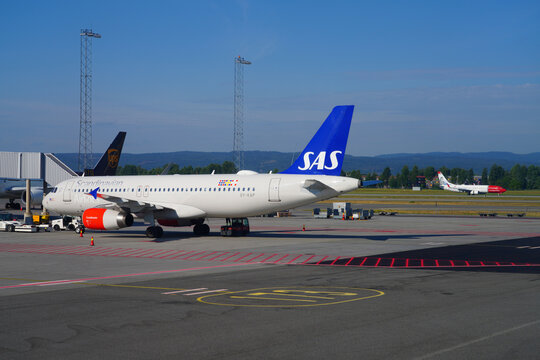 OSLO, NORWAY -15 AUG 2022-  View of an airplane from Scandinavian Airlines SAS (SK) at the Oslo Lufthavn Airport Gardermoen (OSL), the main airport in Norway.