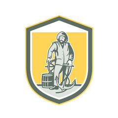 Fisherman Holding Anchor Wheel Shield Retro