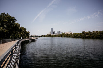 Naklejka premium Austin Boardwalk with city skyline in view.