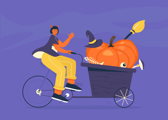 Woman ride halloween bike with huge pumpkin, hat and broom. Magic  truck. Modern fashionable trendy witch. Vector illustration.