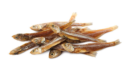 Delicious dried salted anchovies on white background