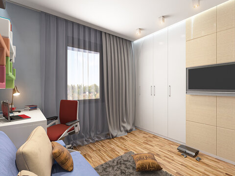 E-design illustration for a boy's bedroom in a small apartment. Interior design of a children's room in a smart apartment. 3d render of an interior in a modern style in bright colors