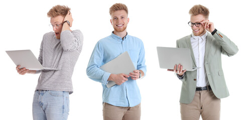 Collage with photos of man holding modern laptops on white background. Banner design