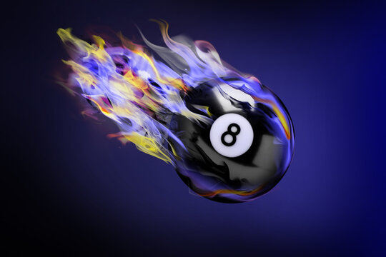 Billiard ball with number 8 in fire flying on color background