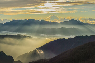 Panoramic View Of The Holy Ridge Aand Glacial Cirque At Sunrise On The Trail To North Peak Of Xue Mountain (Snow mountain) , Shei-Pa National Park, Taiwan