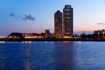 Cityscape of Barcelona's Olympic Harbour and twin towers - Torre Mapre and Hotel Arts.