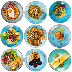 Set of different russian dishes on ceramic plates isolated on white background