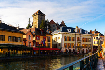 Fototapeta na wymiar Medieval city of Annecy with Thiou canal at sunny winter day, Haute Savoie department in Auvergne Rhone Alpes region, France