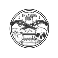 Pirate treasure hunting icon. Human skull, old chest with golden coins, pirate island map with treasure mark and crossed flintlock pistols on corsair monochrome vector icon or emblem - obrazy, fototapety, plakaty