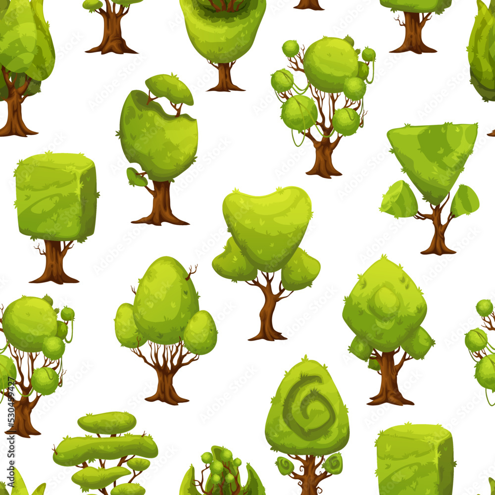 Poster Cartoon fantasy forest and jungle green trees seamless pattern. Fairytale plants vector wallpaper or background, backdrop or wrapping paper with weird fantasy trees