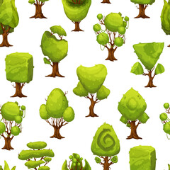 Cartoon fantasy forest and jungle green trees seamless pattern. Fairytale plants vector wallpaper or background, backdrop or wrapping paper with weird fantasy trees