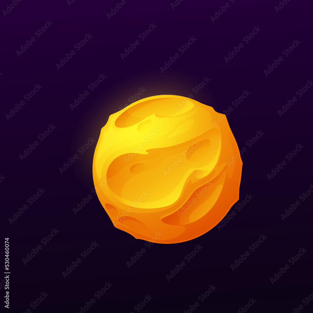 Fototapete orange lava space planet with craters. vector asteroid with uneven surface in cosmos. cartoon moon, 