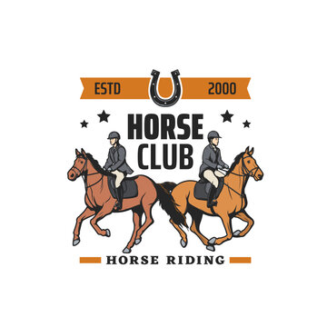 Horse riding and equestrian sport vector icon. Horse club jockeys, polo game plyers or horseback riders with racehorses, horseshoe, helmets, equine saddle and harness isolated symbol or emblem design