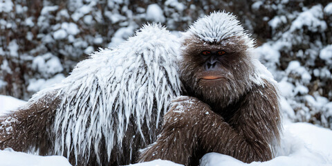 Yeti, hairy Bigfoot relaxing in snowy landscape, 3d illustration - obrazy, fototapety, plakaty