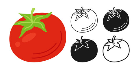 Tomato cartoon linear symbol set, doodle style, engraving silhouette. Fresh tomatoes vegetable icon, organic healthy food design. Harvest agricultural vegetarian kitchen, farm market product vector