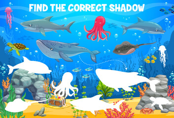 Underwater landscape, find the correct shadow of sea animals and fish, kids game vector worksheet. Puzzle of shark, whale, octopus, dolphin, sea turtle, jellyfish and stingray, ocean bottom landscape