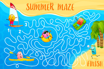 Labyrinth maze. Cartoon vitamin and mineral characters on beach vacation kids game worksheet. Vector puzzle quiz, find way maze with food supplement pills swimming, playing ball, riding boat, sailboat