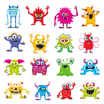 Cartoon funny monster characters. Cute comic mutants, halloween personages. Isolated joyful vector goblins, devils and ugly aliens, kawaii smiling creatures with horns, tentacles, fangs and big eyes
